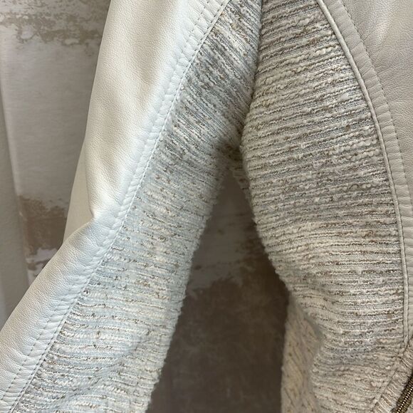 Guess white leather jacket with cream tweed detail and gold hardware - Picture 6 of 11